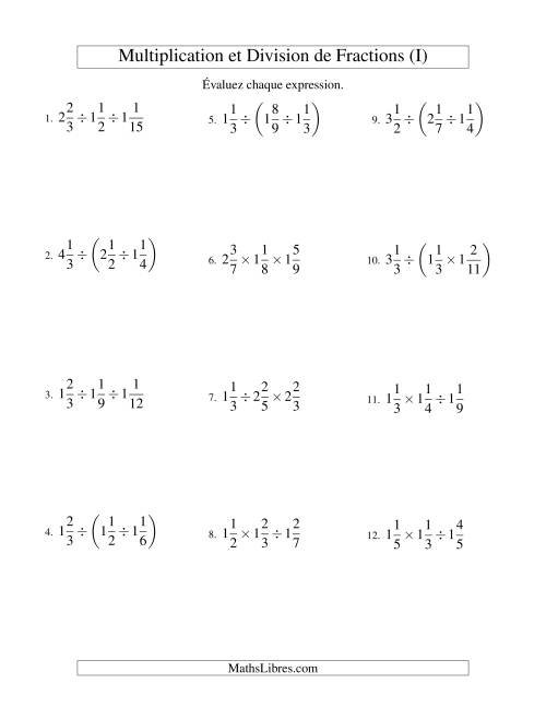 Multiplication et Division de Fractions Mixtes -- 3 fractions (I)