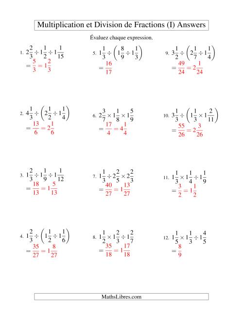 Multiplication et Division de Fractions Mixtes -- 3 fractions (I) page 2