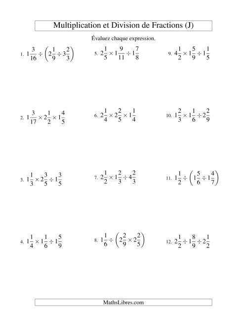 Multiplication et Division de Fractions Mixtes -- 3 fractions (J)