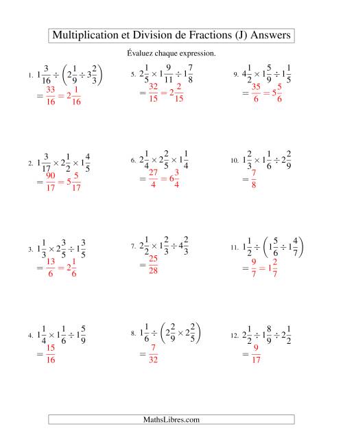 Multiplication et Division de Fractions Mixtes -- 3 fractions (J) page 2