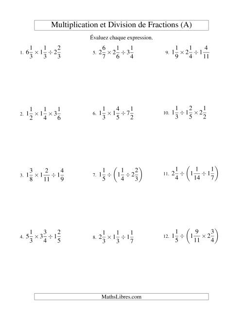 Multiplication et Division de Fractions Mixtes -- 3 fractions (Tout)