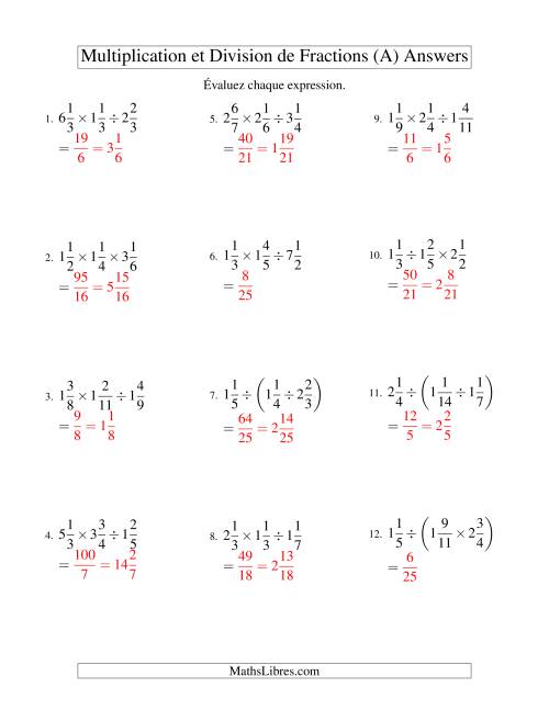 Multiplication et Division de Fractions Mixtes -- 3 fractions (Tout) page 2