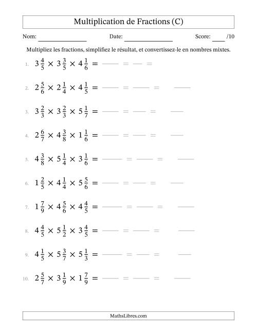 Multiplier trois fractions mixtes (C)