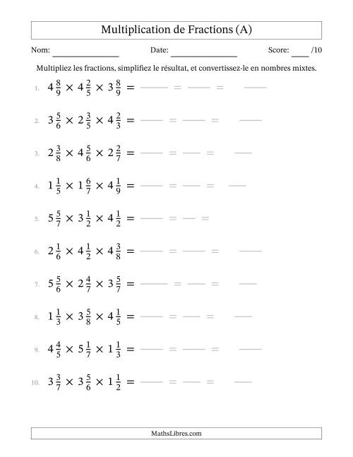 Multiplier trois fractions mixtes (Tout)