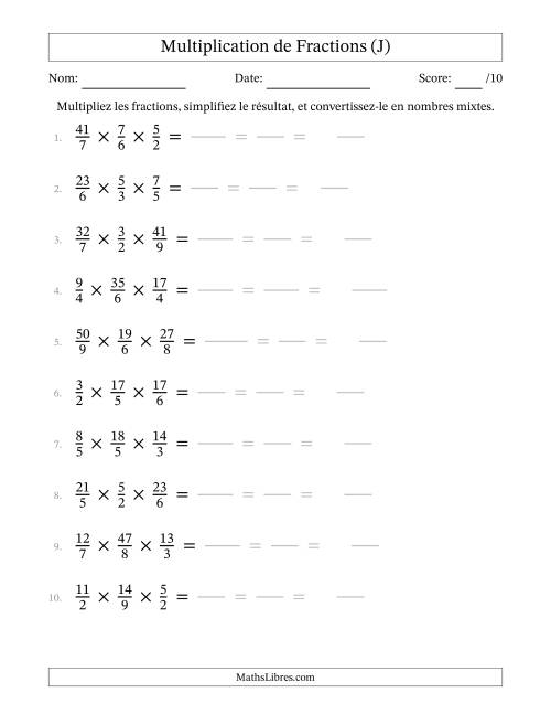 Multiplier trois fractions impropres (J)