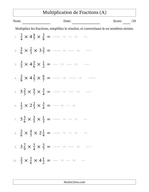 Multiplier fractions propres par quelques fractions mixtes (trois facteurs) (Tout)