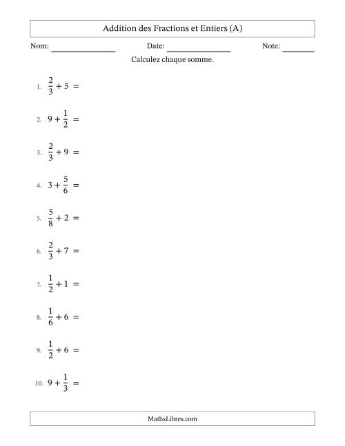 Addition et soustraction des fractions propres et nombres entiers, avec des résultats de fractions mixtes et sans simplification (A)