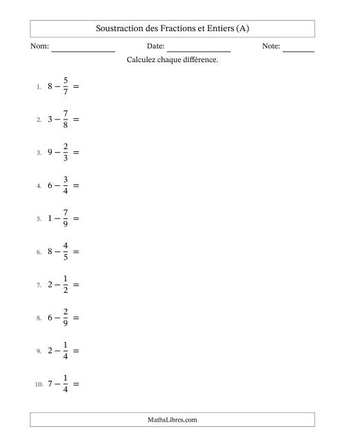 Addition et soustraction des fractions propres et nombres entiers, avec des résultats de fractions mixtes et sans simplification (A)