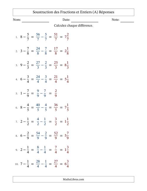 Addition et soustraction des fractions propres et nombres entiers, avec des résultats de fractions mixtes et sans simplification (A) page 2