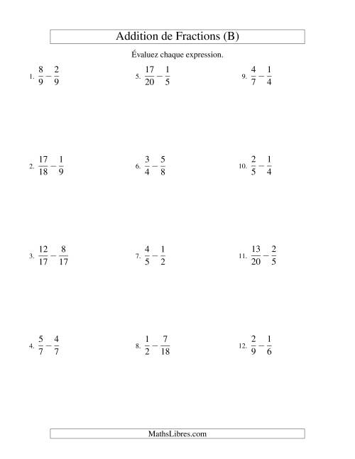 Soustraction de Fractions (Difficiles) (B)