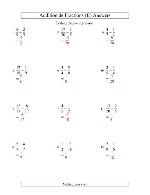 Soustraction de Fractions (Difficiles) (B) page 2