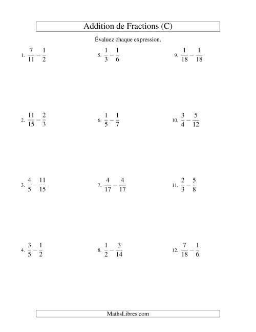 Soustraction de Fractions (Difficiles) (C)