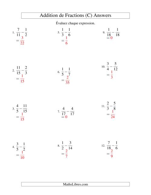 Soustraction de Fractions (Difficiles) (C) page 2