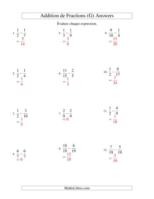 Soustraction de Fractions (Difficiles) (G) page 2