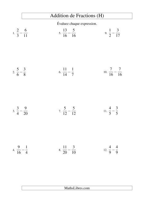 Soustraction de Fractions (Difficiles) (H)
