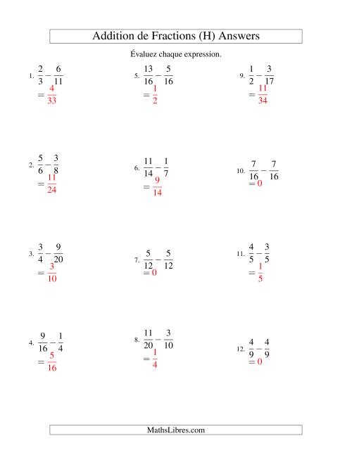 Soustraction de Fractions (Difficiles) (H) page 2