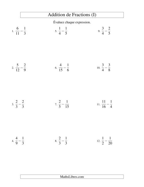 Soustraction de Fractions (Difficiles) (I)
