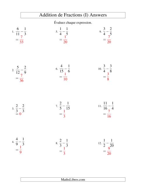 Soustraction de Fractions (Difficiles) (I) page 2