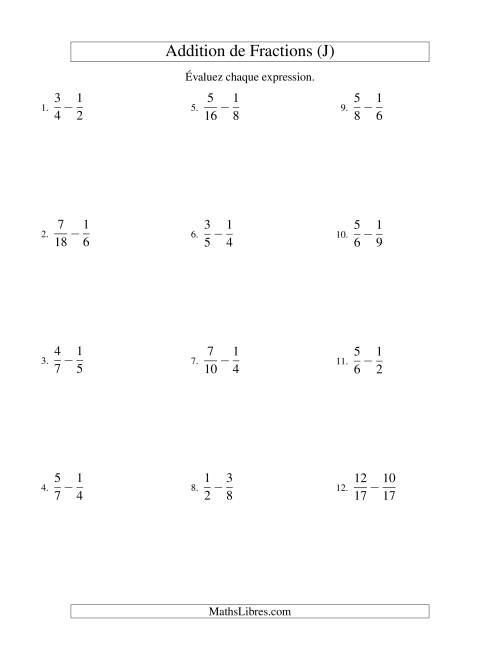 Soustraction de Fractions (Difficiles) (J)