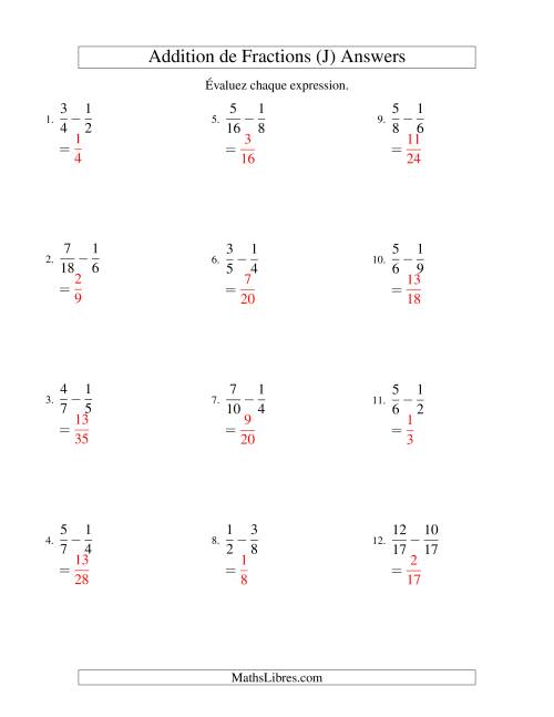 Soustraction de Fractions (Difficiles) (J) page 2