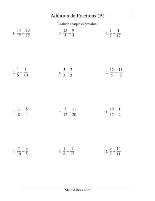 Soustraction de Fractions Impropres (Difficiles) (B)