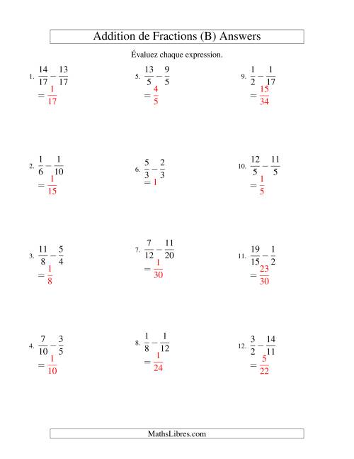 Soustraction de Fractions Impropres (Difficiles) (B) page 2