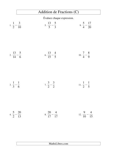 Soustraction de Fractions Impropres (Difficiles) (C)