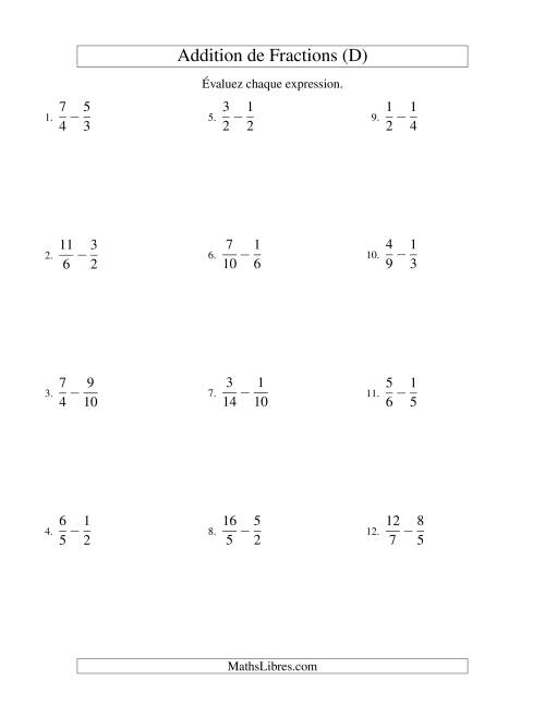 Soustraction de Fractions Impropres (Difficiles) (D)