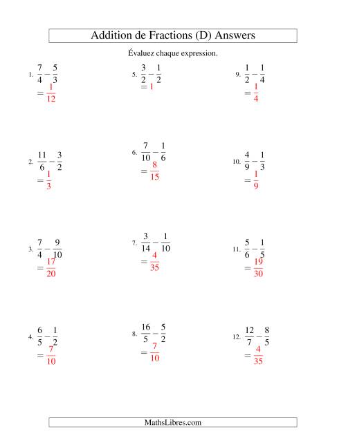 Soustraction de Fractions Impropres (Difficiles) (D) page 2