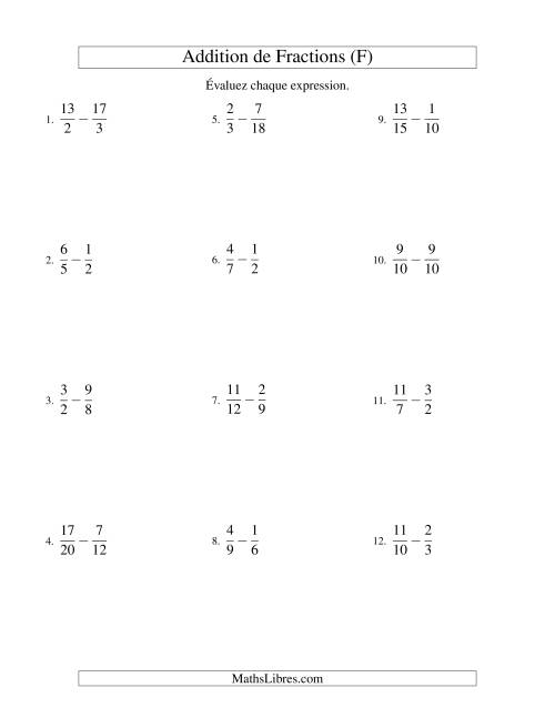 Soustraction de Fractions Impropres (Difficiles) (F)