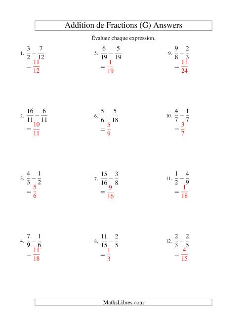 Soustraction de Fractions Impropres (Difficiles) (G) page 2