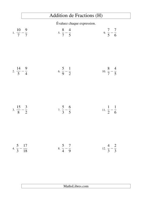 Soustraction de Fractions Impropres (Difficiles) (H)