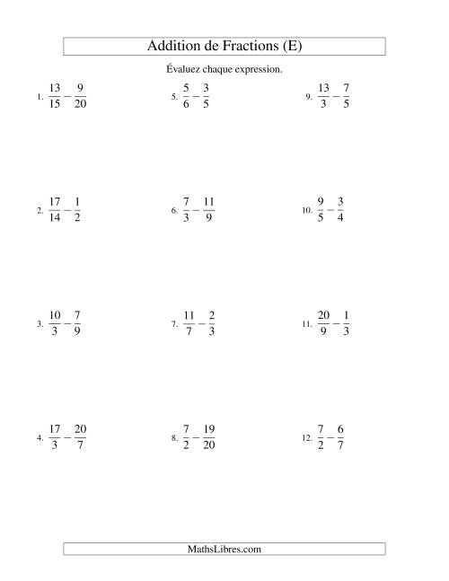 Soustraction de Fractions Impropres (Difficiles) (E)
