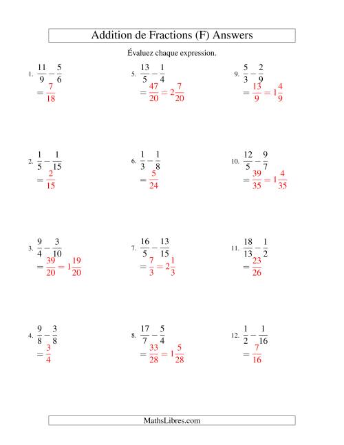 Soustraction de Fractions Impropres (Difficiles) (F) page 2