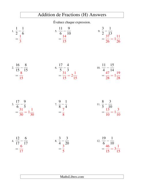 Soustraction de Fractions Impropres (Difficiles) (H) page 2