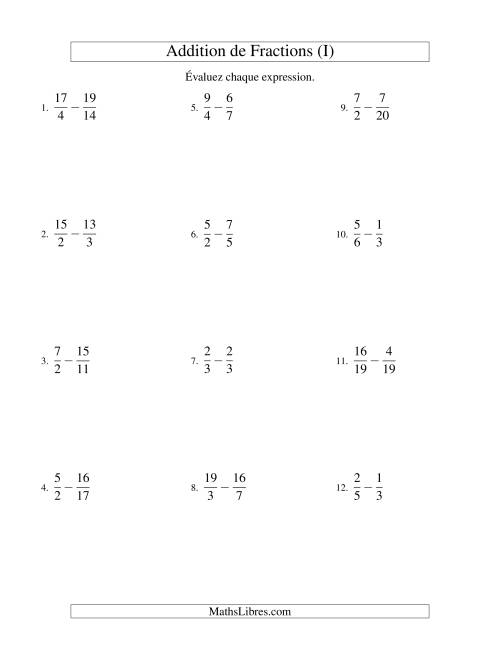 Soustraction de Fractions Impropres (Difficiles) (I)