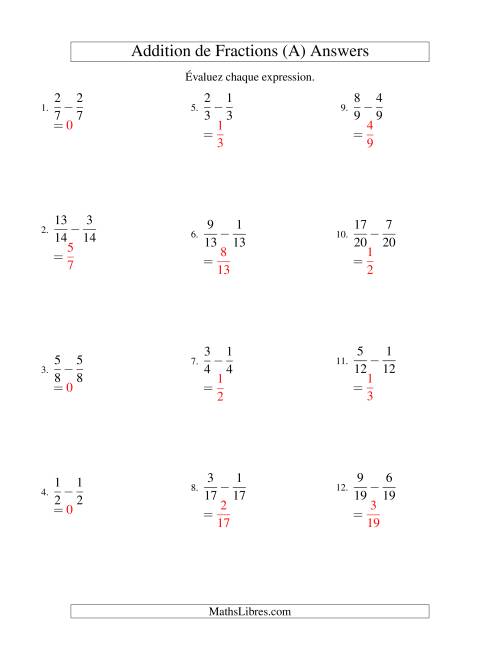 Soustraction de Fractions (A) page 2