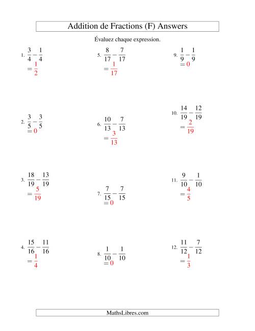 Soustraction de Fractions (F) page 2
