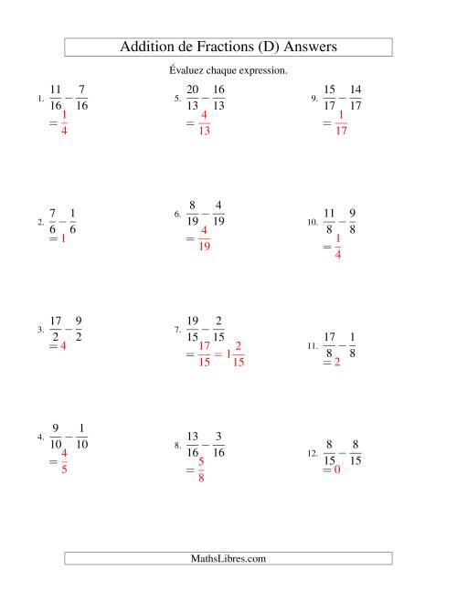 Soustraction de Fractions Impropres (D) page 2