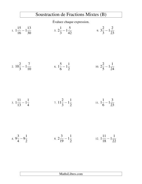 Soustraction de Fractions Mixtes (Difficiles) (B)