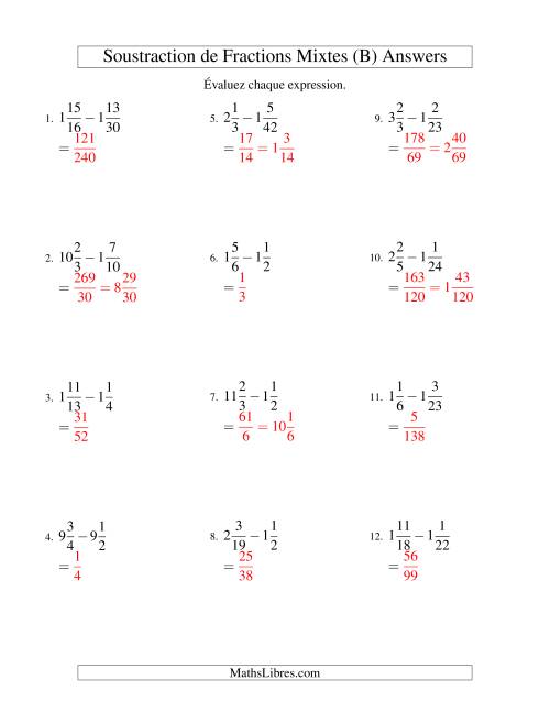 Soustraction de Fractions Mixtes (Difficiles) (B) page 2