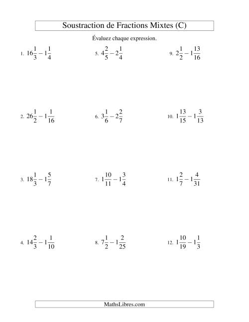 Soustraction de Fractions Mixtes (Difficiles) (C)