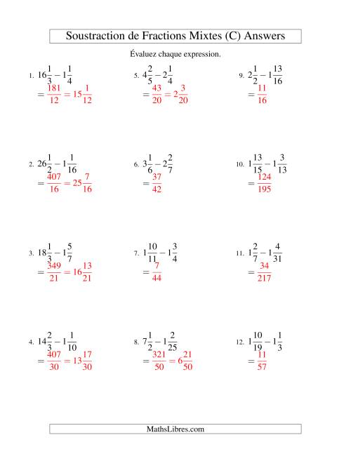 Soustraction de Fractions Mixtes (Difficiles) (C) page 2