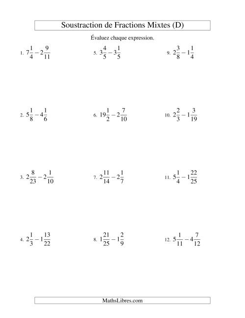 Soustraction de Fractions Mixtes (Difficiles) (D)