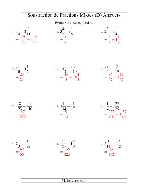 Soustraction de Fractions Mixtes (Difficiles) (D) page 2