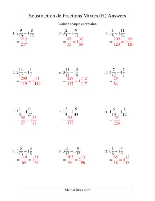 Soustraction de Fractions Mixtes (Difficiles) (H) page 2