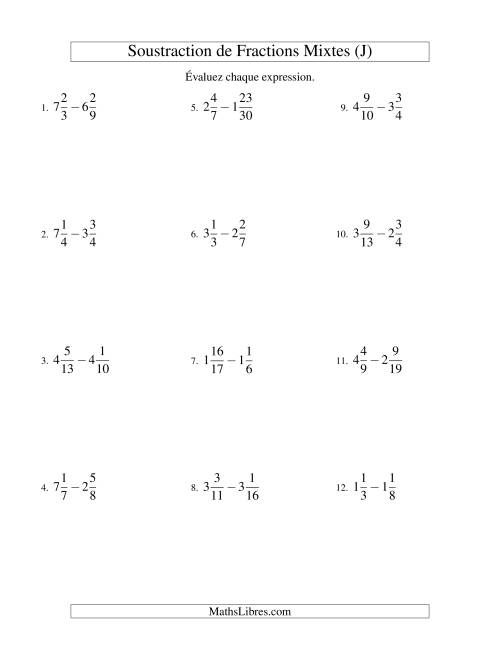 Soustraction de Fractions Mixtes (Difficiles) (J)