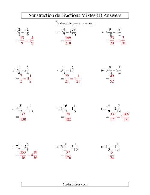 Soustraction de Fractions Mixtes (Difficiles) (J) page 2