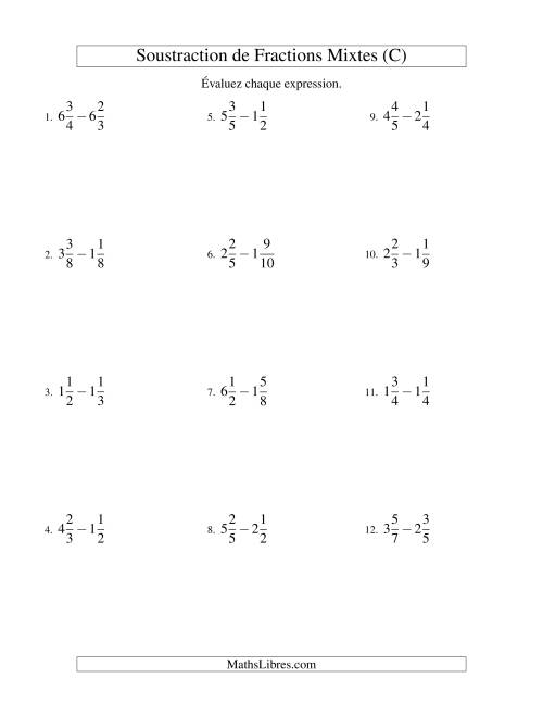 Soustraction de Fractions Mixtes (C)