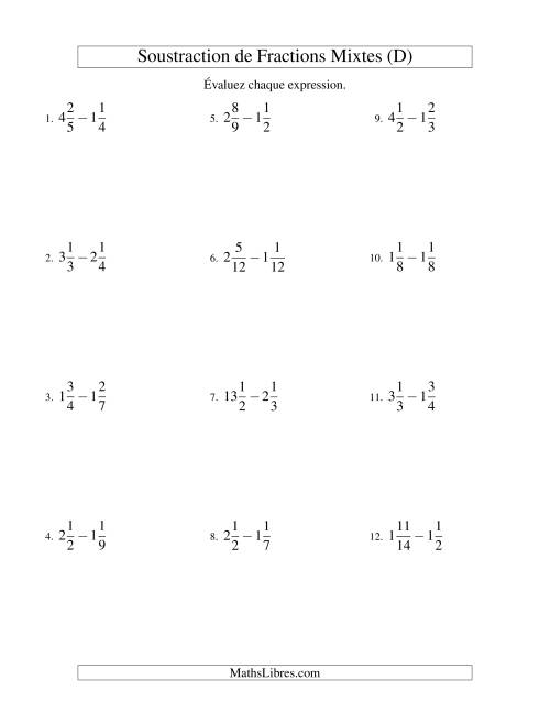 Soustraction de Fractions Mixtes (D)